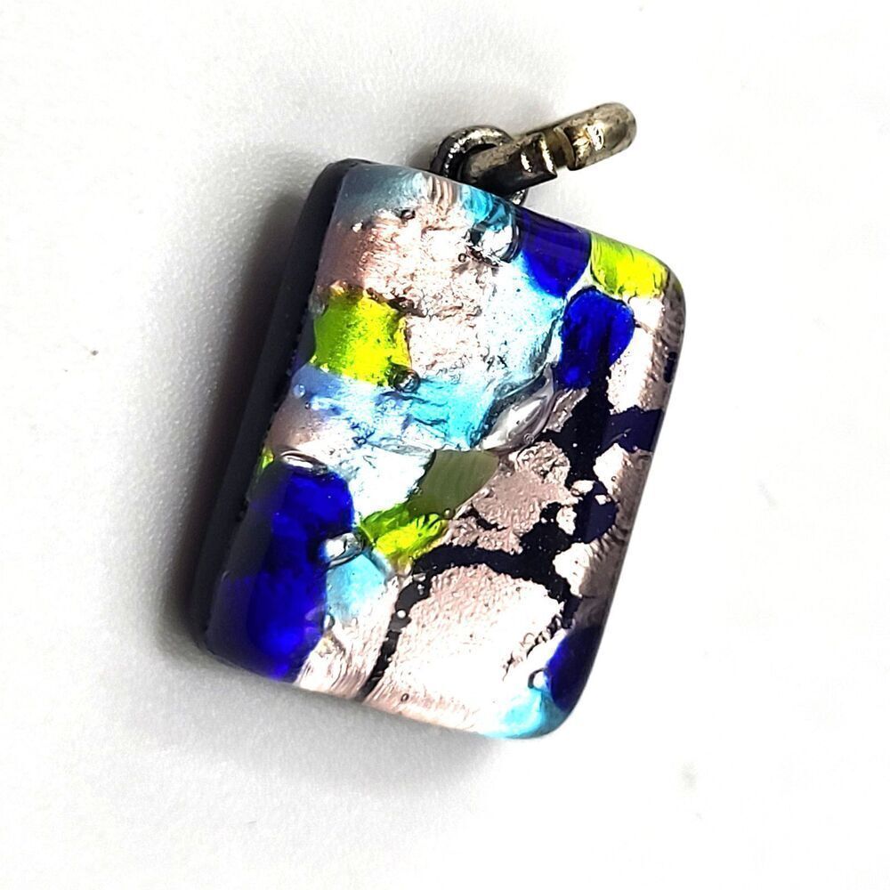 Pink Green Blue Silver Murano Glass Pendant 1.25in